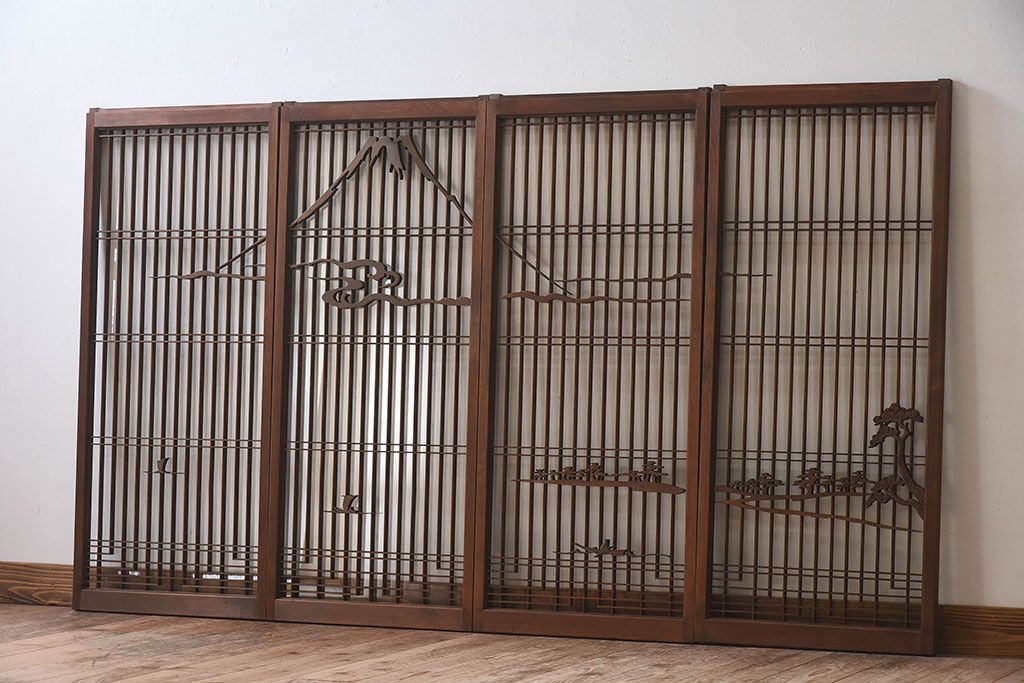 和製アンティーク　富士の図柄が魅力的な書院戸4枚セット(格子戸、ガラス戸、窓)