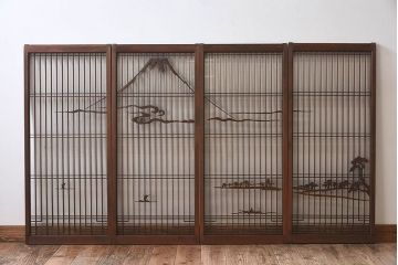 和製アンティーク　富士の図柄が魅力的な書院戸4枚セット(格子戸、ガラス戸、窓)