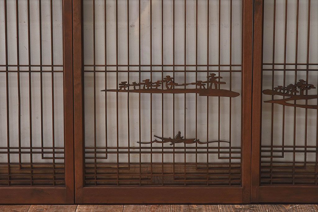 和製アンティーク　富士の図柄が魅力的な書院戸4枚セット(格子戸、ガラス戸、窓)