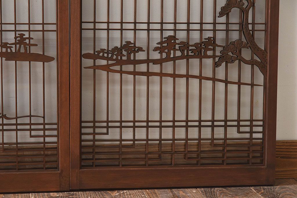 和製アンティーク　富士の図柄が魅力的な書院戸4枚セット(格子戸、ガラス戸、窓)