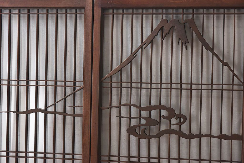 和製アンティーク　富士の図柄が魅力的な書院戸4枚セット(格子戸、ガラス戸、窓)