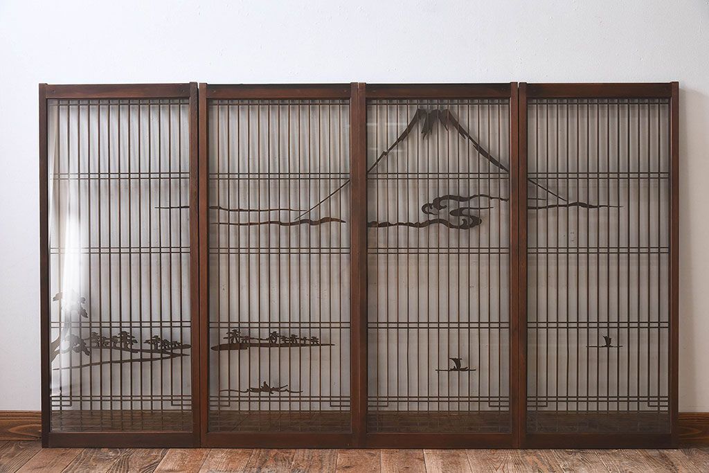 和製アンティーク　富士の図柄が魅力的な書院戸4枚セット(格子戸、ガラス戸、窓)