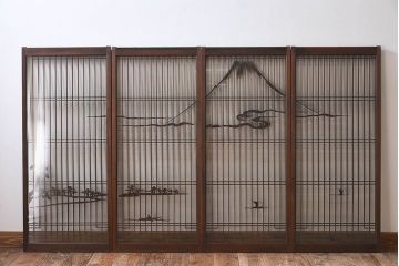 和製アンティーク　富士の図柄が魅力的な書院戸4枚セット(格子戸、ガラス戸、窓)