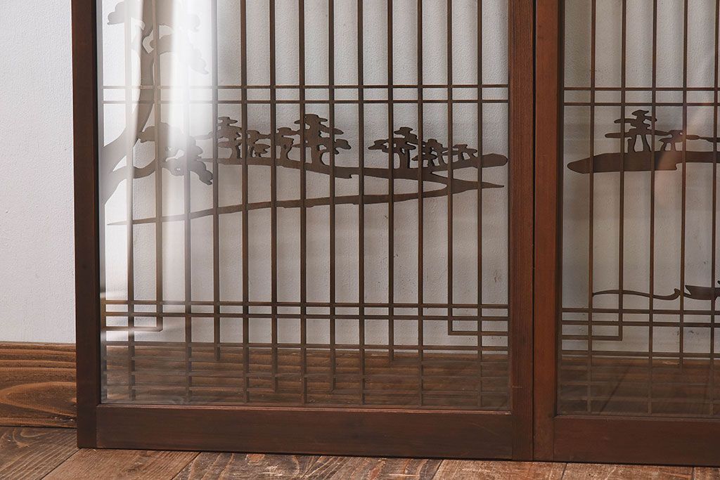 和製アンティーク　富士の図柄が魅力的な書院戸4枚セット(格子戸、ガラス戸、窓)
