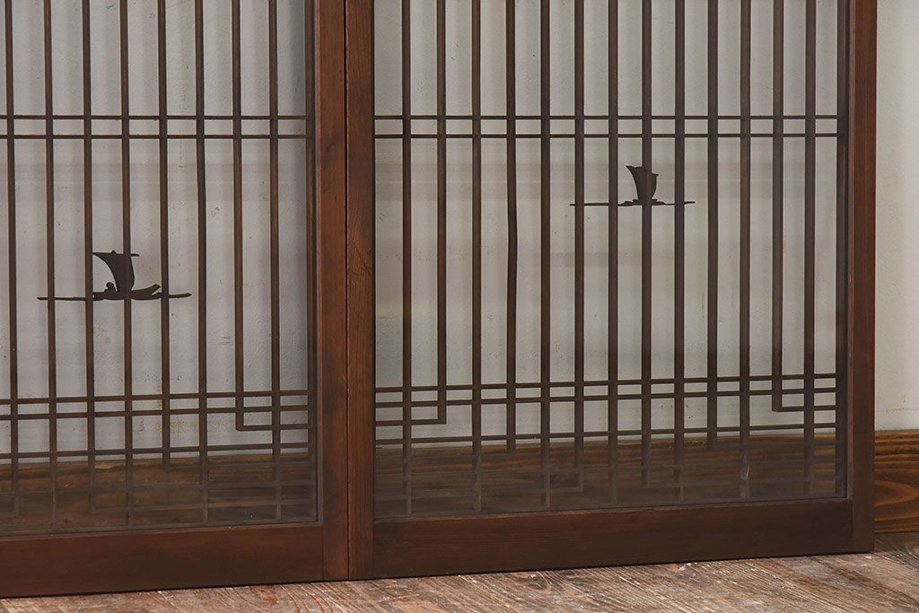 和製アンティーク　富士の図柄が魅力的な書院戸4枚セット(格子戸、ガラス戸、窓)