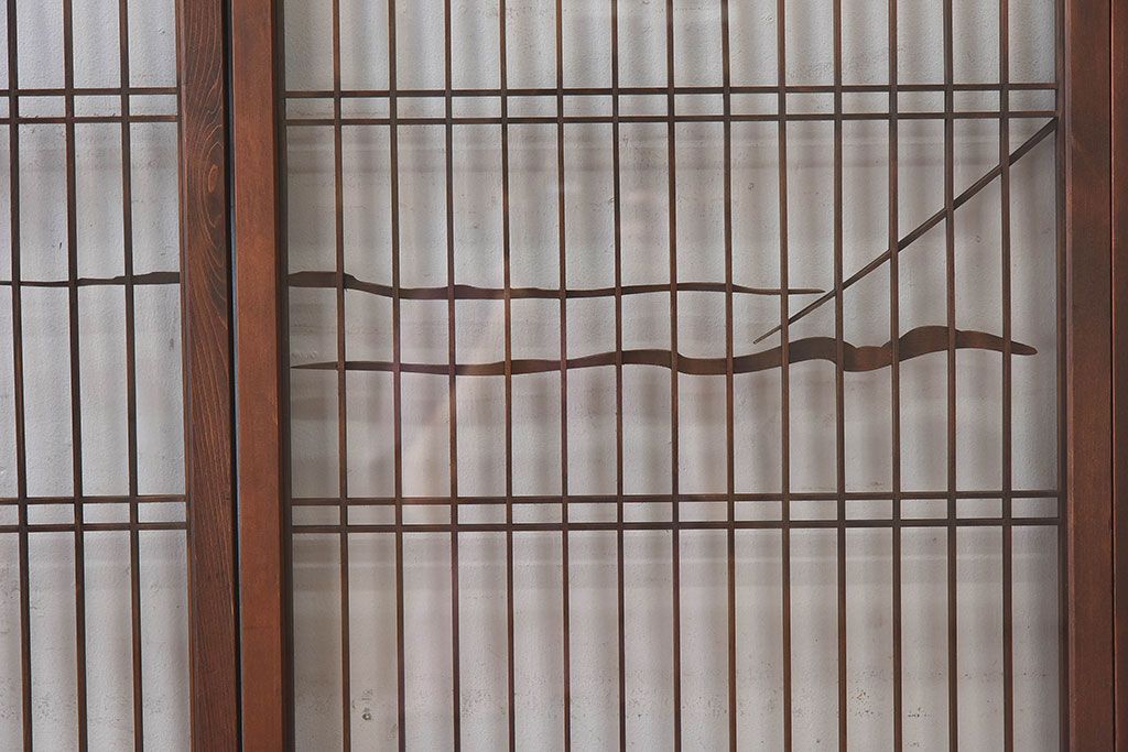 和製アンティーク　富士の図柄が魅力的な書院戸4枚セット(格子戸、ガラス戸、窓)