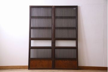 和製アンティーク　腰板ケヤキ材　モダンな格子戸(引き戸)2枚セット