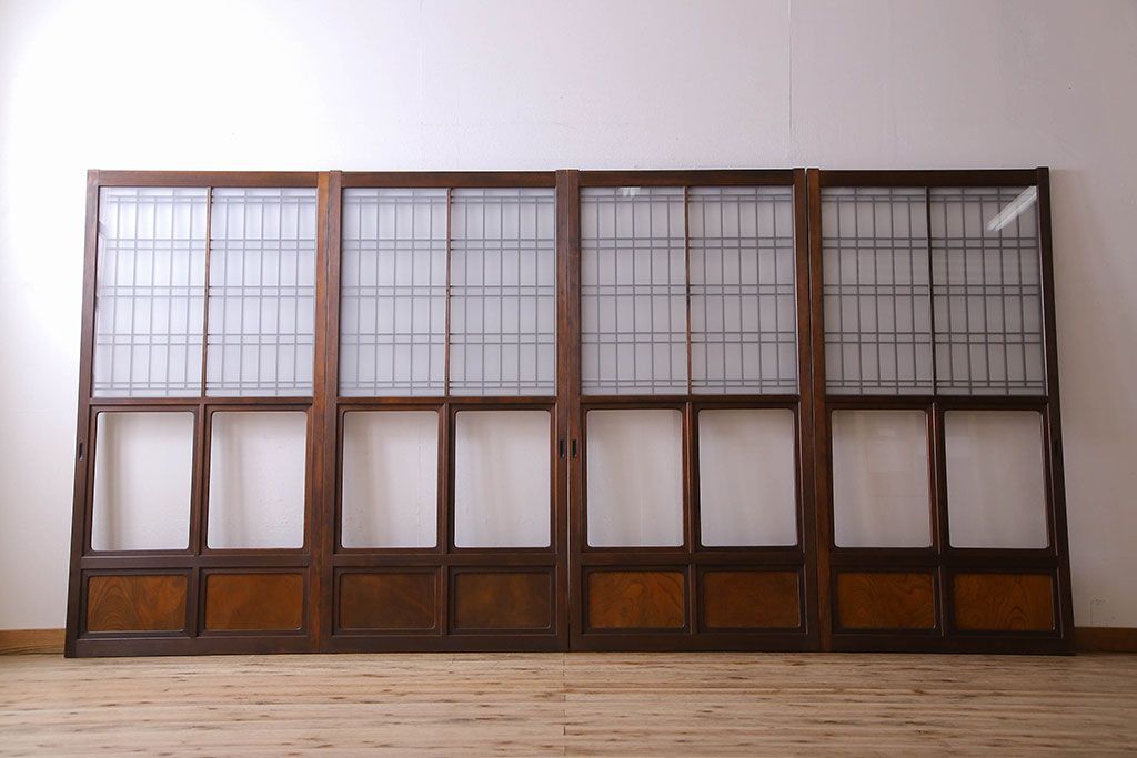 和製アンティーク　凝った格子のデザインが素敵なガラス戸(格子戸)4枚セット