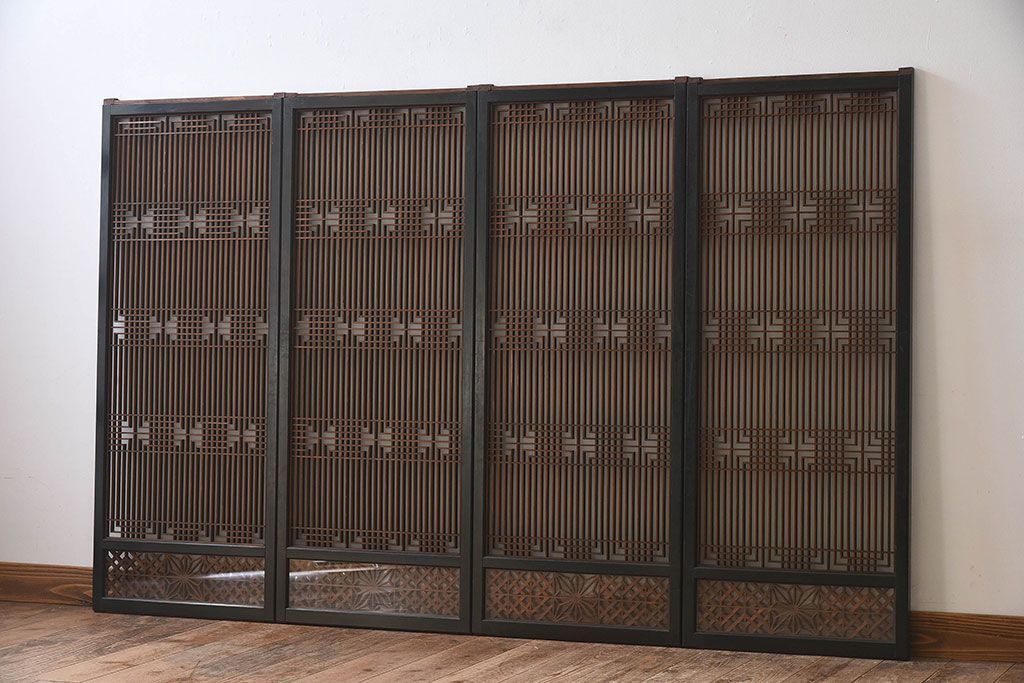【T様ご成約分】昭和期 細かな組子が美しい書院ガラス戸4枚セット(欄間、引き戸、窓)