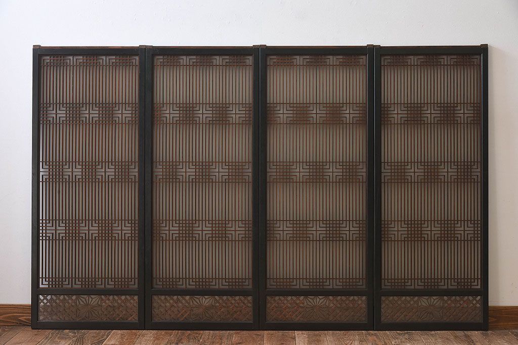 【T様ご成約分】昭和期 細かな組子が美しい書院ガラス戸4枚セット(欄間、引き戸、窓)