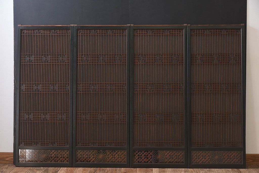 【T様ご成約分】昭和期 細かな組子が美しい書院ガラス戸4枚セット(欄間、引き戸、窓)
