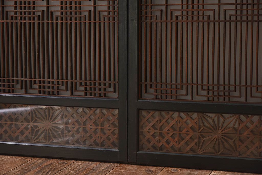 【T様ご成約分】昭和期 細かな組子が美しい書院ガラス戸4枚セット(欄間、引き戸、窓)