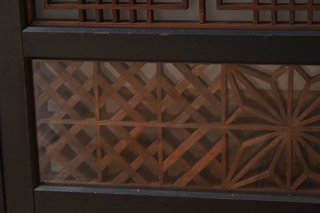 【T様ご成約分】昭和期 細かな組子が美しい書院ガラス戸4枚セット(欄間、引き戸、窓)