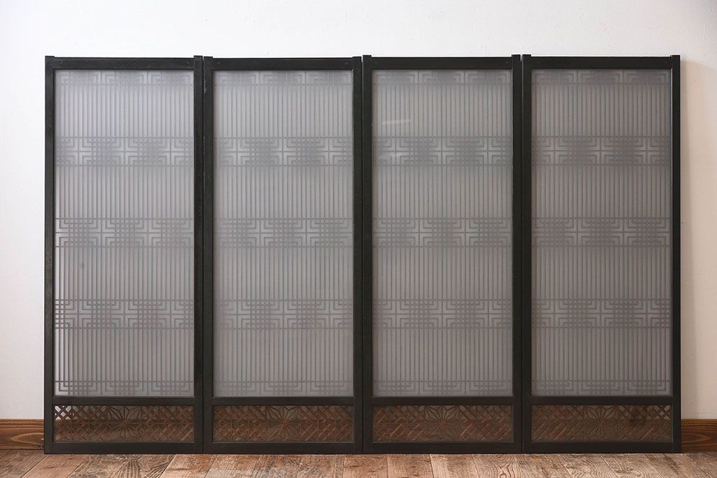 【T様ご成約分】昭和期 細かな組子が美しい書院ガラス戸4枚セット(欄間、引き戸、窓)