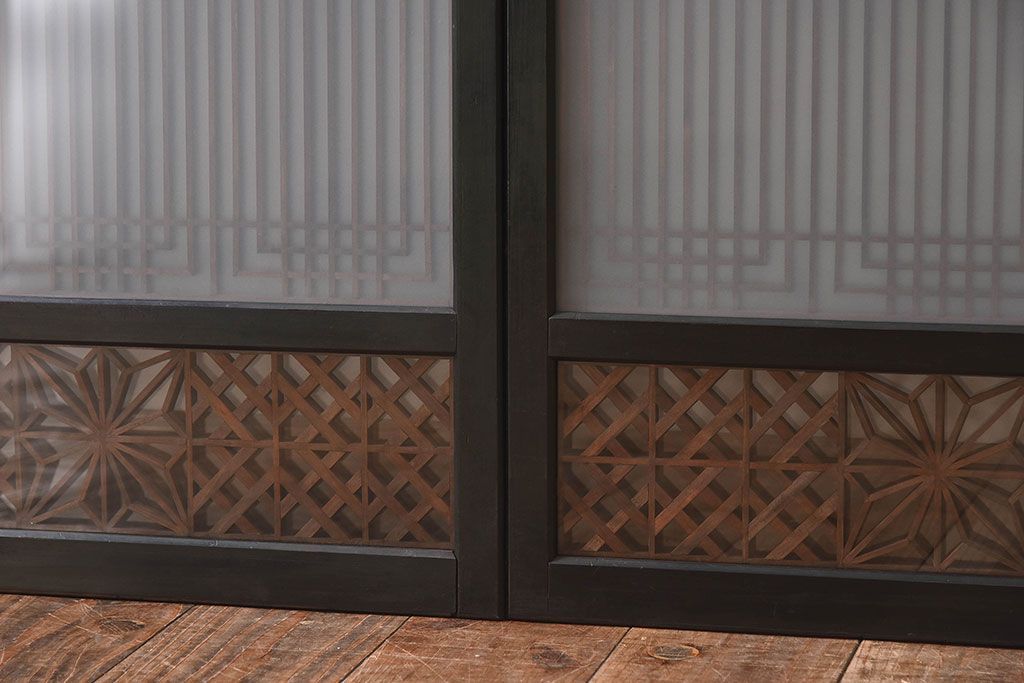 【T様ご成約分】昭和期 細かな組子が美しい書院ガラス戸4枚セット(欄間、引き戸、窓)