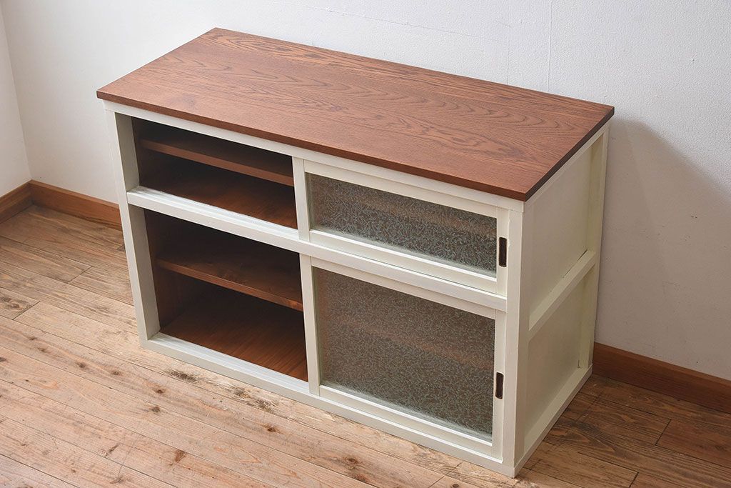 【K様ご決済用・ご成約済み】ペイント家具　アイボリーカラーが可愛らしいアンティークサイドボード(収納棚、戸棚)