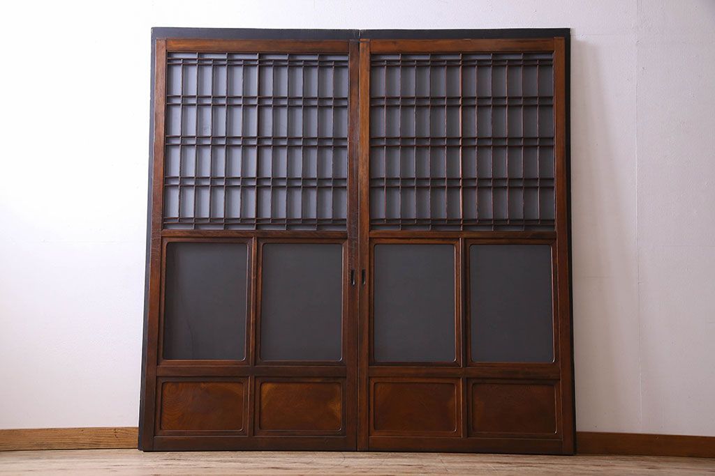 和製アンティーク　凝った格子のデザインが素敵なガラス戸(格子戸、引き戸、建具)2枚セット