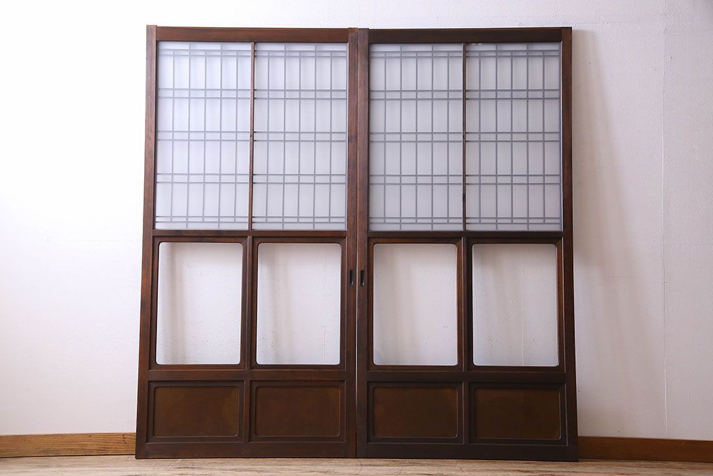 和製アンティーク　凝った格子のデザインが素敵なガラス戸(格子戸、引き戸、建具)2枚セット