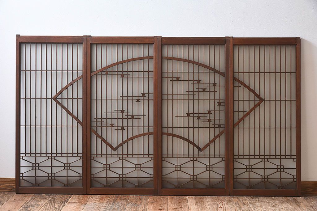 和製アンティーク　美しい扇のデザインが目を惹くガラス戸(引き戸、格子戸)