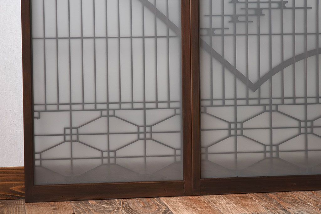 和製アンティーク　美しい扇のデザインが目を惹くガラス戸(引き戸、格子戸)