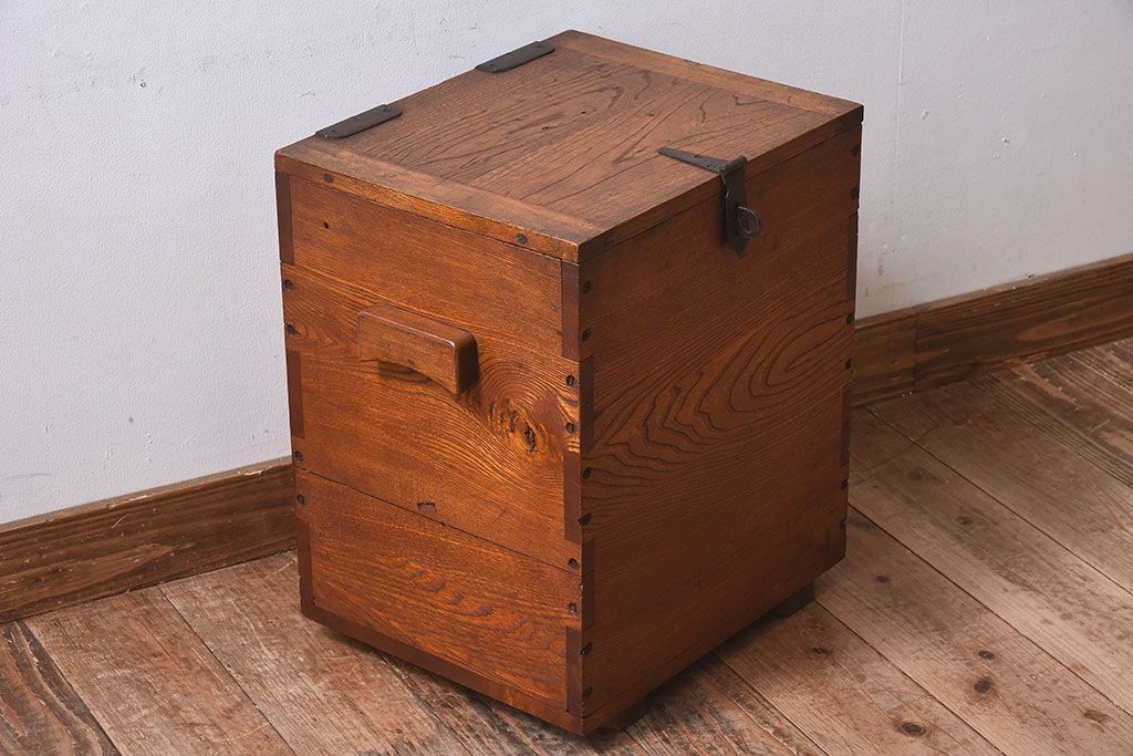 アンティーク雑貨　昭和レトロ　古いタモ材製木箱(ゴミ箱、収納箱)