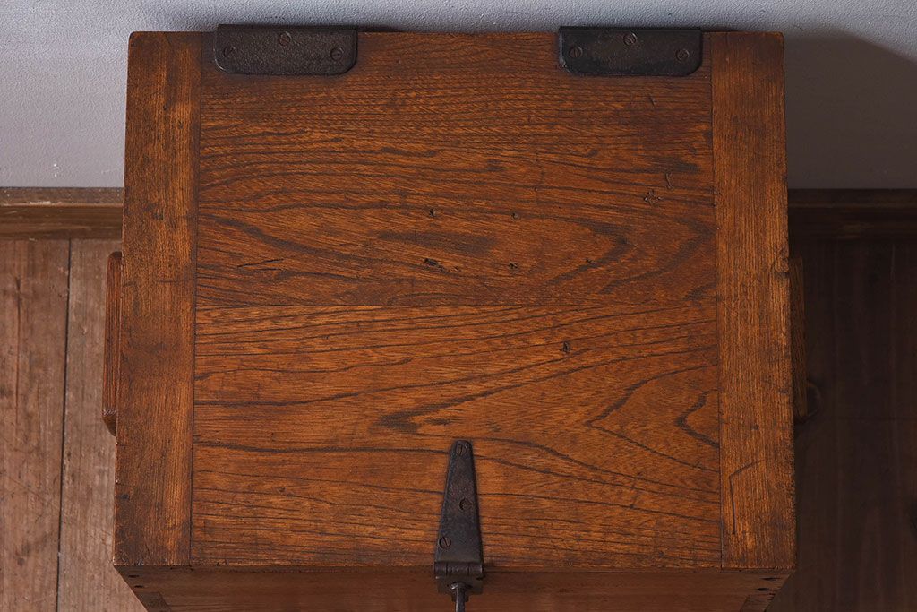 アンティーク雑貨　昭和レトロ　古いタモ材製木箱(ゴミ箱、収納箱)