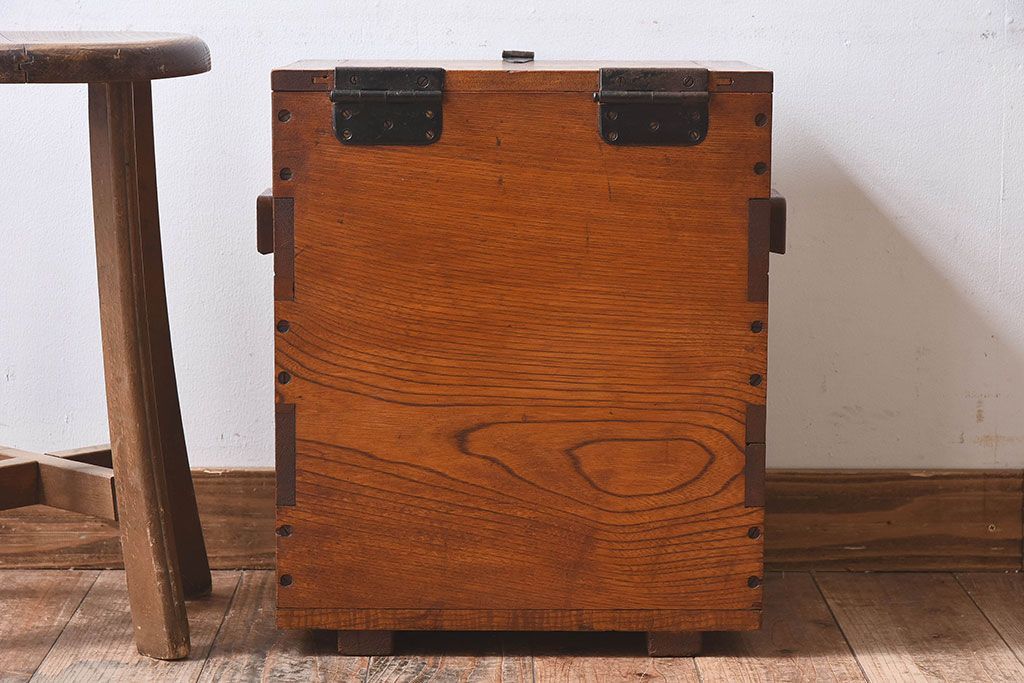 アンティーク雑貨　昭和レトロ　古いタモ材製木箱(ゴミ箱、収納箱)