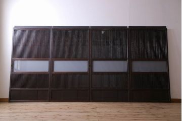 和製アンティーク　古い木のガラス入り格子戸(引き戸、建具)4枚セット