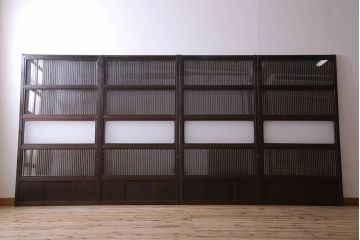 和製アンティーク　古い木のガラス入り格子戸(引き戸、建具)4枚セット