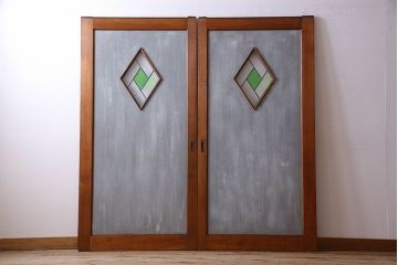 アンティーク雑貨　ラフジュ工房オリジナルステンドグラス　ペイント建具　ステンドグラス入り板戸(引き戸)2枚セット