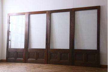 和製アンティーク　腰板ケヤキ材　味わいのある木味のガラス戸(引き戸)4枚組
