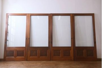 和製アンティーク　腰板ケヤキ材　味わいのある木味のガラス戸(引き戸)4枚組