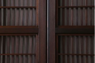 和製アンティーク　裏障子付き　ガラス帯の格子戸(引き戸、建具)2枚セット