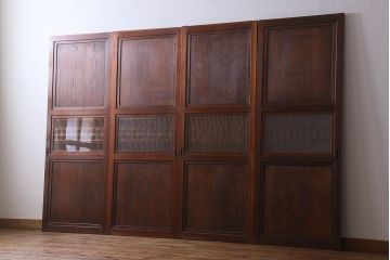 和製アンティーク　美しい組子が目を惹く格子帯戸(引き戸、建具、ガラス帯戸)4枚セット