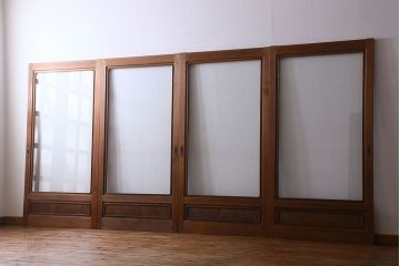 和製アンティーク　腰板ケヤキ材　上品なガラス戸(引き戸、建具)4枚セット