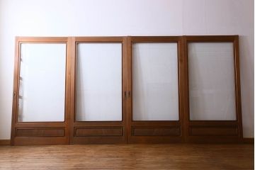 和製アンティーク　腰板ケヤキ材　上品なガラス戸(引き戸、建具)4枚セット