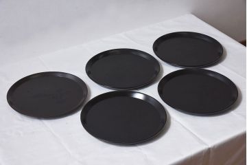 和製アンティーク　大正昭和初期　塗師小澤造　黒漆塗りが美しい桑名盆5枚セット(漆器、皿)