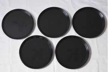 和製アンティーク　大正昭和初期　塗師小澤造　黒漆塗りが美しい桑名盆5枚セット(漆器、皿)
