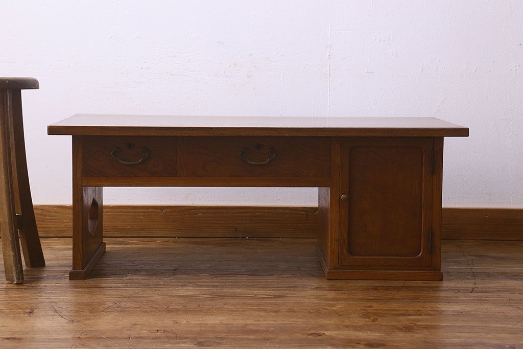 レトロ家具　昭和レトロ　総ケヤキ材　天板一枚板!杢目が美しいビンテージデスク(片袖机、在宅ワーク、在宅用文机、在宅ワーク、在宅用座卓)