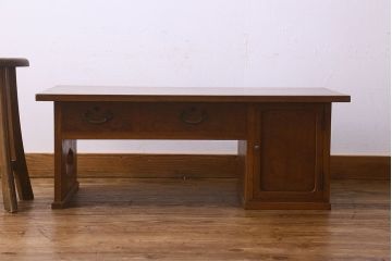 レトロ家具　昭和レトロ　総ケヤキ材　天板一枚板!杢目が美しいビンテージデスク(片袖机、在宅ワーク、在宅用文机、在宅ワーク、在宅用座卓)