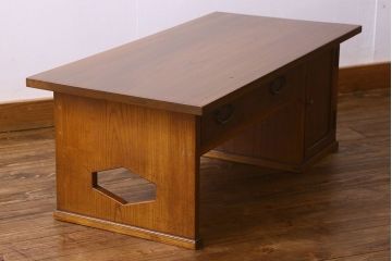 レトロ家具　昭和レトロ　総ケヤキ材　天板一枚板!杢目が美しいビンテージデスク(片袖机、在宅ワーク、在宅用文机、在宅ワーク、在宅用座卓)