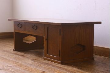 レトロ家具　昭和レトロ　総ケヤキ材　天板一枚板!杢目が美しいビンテージデスク(片袖机、在宅ワーク、在宅用文机、在宅ワーク、在宅用座卓)