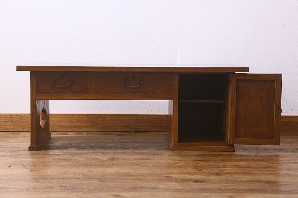 レトロ家具　昭和レトロ　総ケヤキ材　天板一枚板!杢目が美しいビンテージデスク(片袖机、在宅ワーク、在宅用文机、在宅ワーク、在宅用座卓)