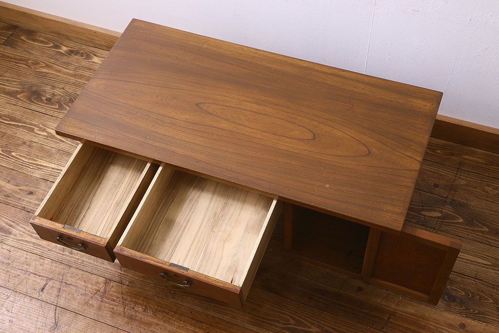 レトロ家具　昭和レトロ　総ケヤキ材　天板一枚板!杢目が美しいビンテージデスク(片袖机、在宅ワーク、在宅用文机、在宅ワーク、在宅用座卓)