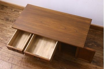 レトロ家具　昭和レトロ　総ケヤキ材　天板一枚板!杢目が美しいビンテージデスク(片袖机、在宅ワーク、在宅用文机、在宅ワーク、在宅用座卓)