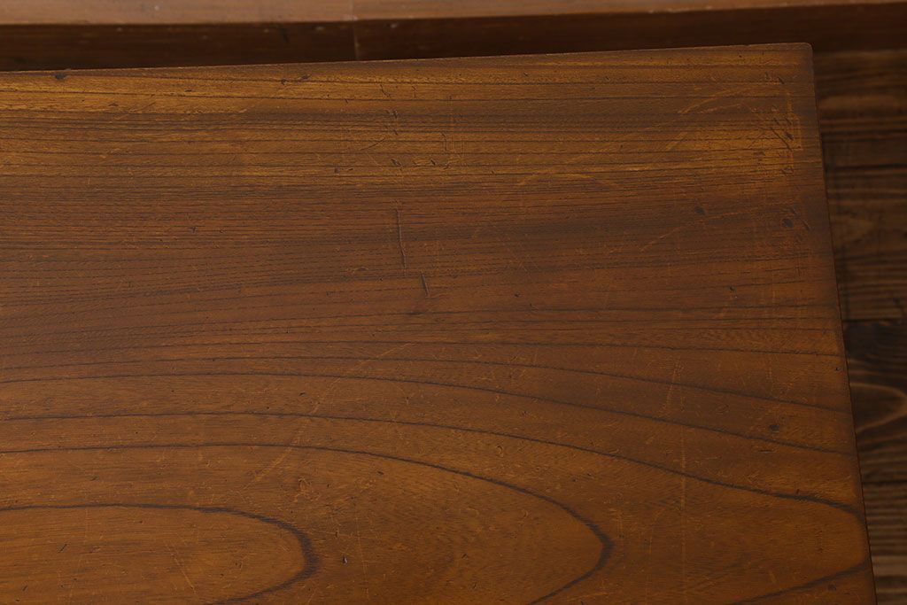 レトロ家具　昭和レトロ　総ケヤキ材　天板一枚板!杢目が美しいビンテージデスク(片袖机、在宅ワーク、在宅用文机、在宅ワーク、在宅用座卓)