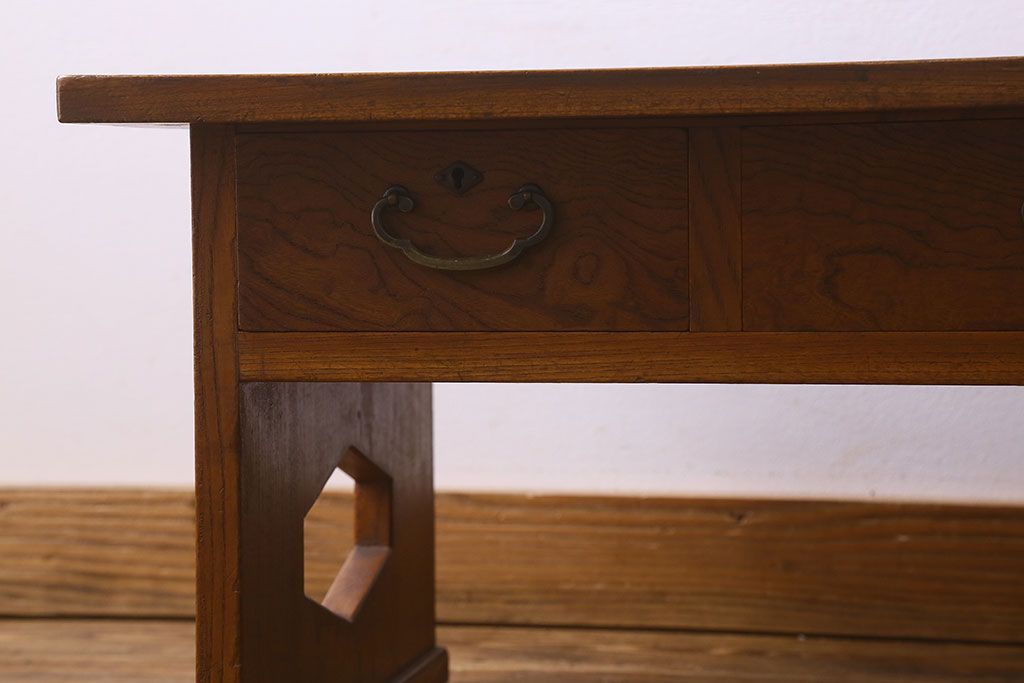 レトロ家具　昭和レトロ　総ケヤキ材　天板一枚板!杢目が美しいビンテージデスク(片袖机、在宅ワーク、在宅用文机、在宅ワーク、在宅用座卓)