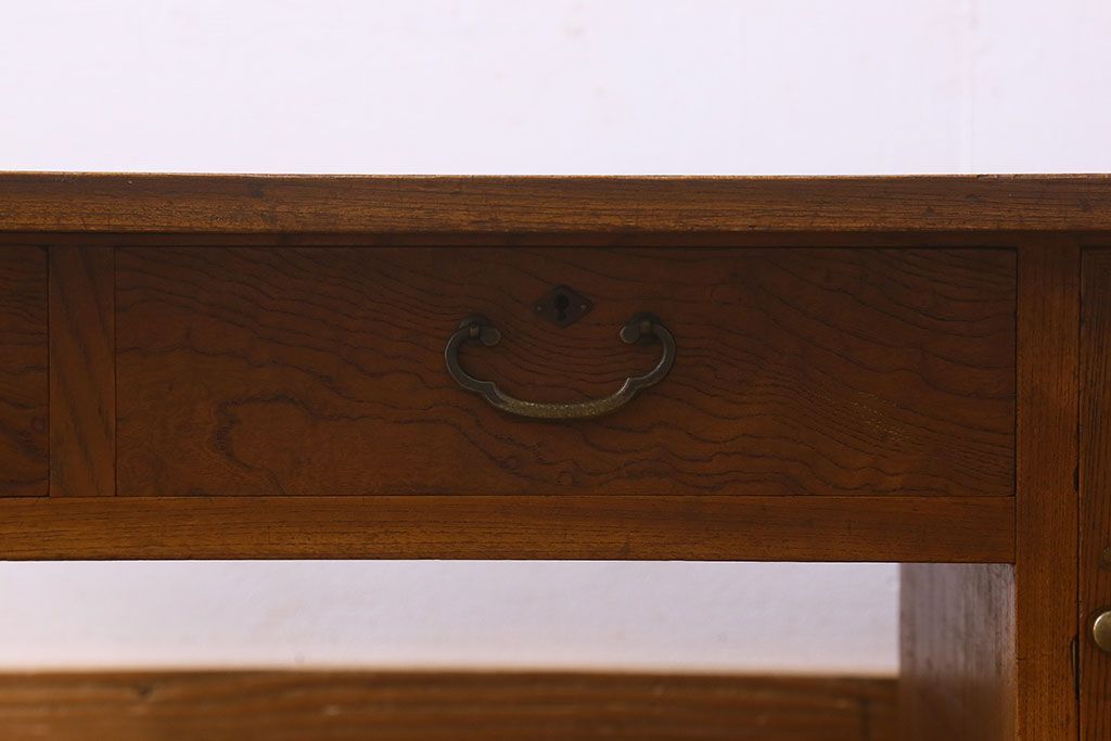 レトロ家具　昭和レトロ　総ケヤキ材　天板一枚板!杢目が美しいビンテージデスク(片袖机、在宅ワーク、在宅用文机、在宅ワーク、在宅用座卓)