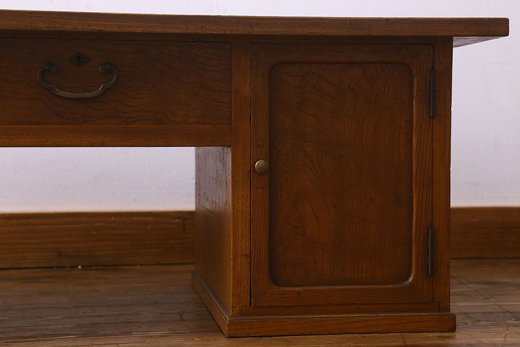 レトロ家具　昭和レトロ　総ケヤキ材　天板一枚板!杢目が美しいビンテージデスク(片袖机、在宅ワーク、在宅用文机、在宅ワーク、在宅用座卓)