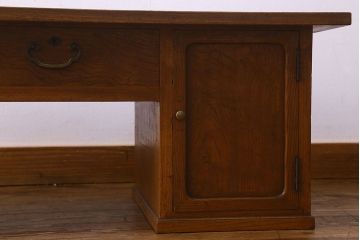 レトロ家具　昭和レトロ　総ケヤキ材　天板一枚板!杢目が美しいビンテージデスク(片袖机、在宅ワーク、在宅用文机、在宅ワーク、在宅用座卓)